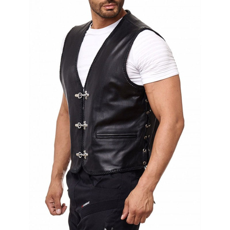 Leather Vest Men Motorcycle Black Biker Vest Adjustable Side Laces Cowhide Leather Vests