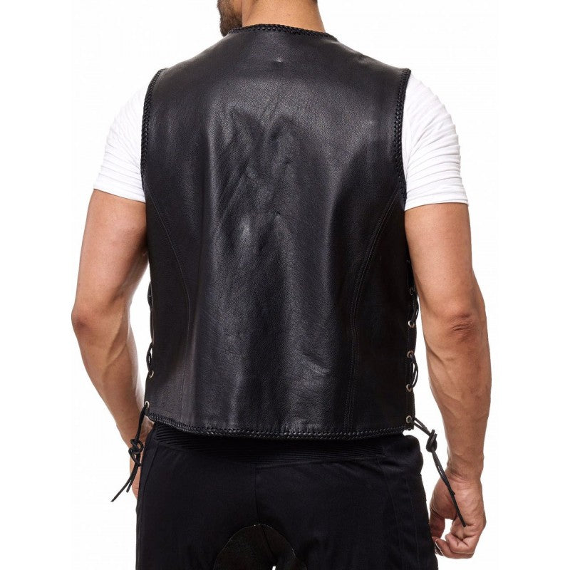 Leather Vest Men Motorcycle Black Biker Vest Adjustable Side Laces Cowhide Leather Vests