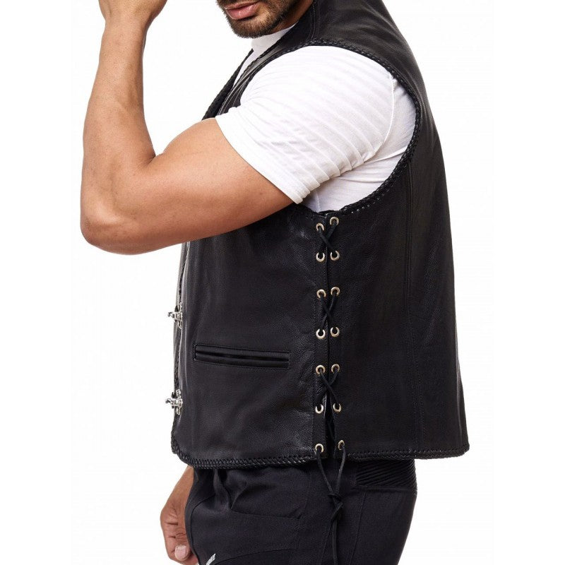 Leather Vest Men Motorcycle Black Biker Vest Adjustable Side Laces Cowhide Leather Vests