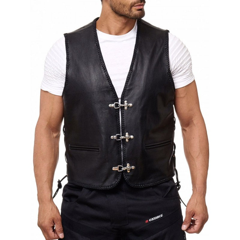 Leather Vest Men Motorcycle Black Biker Vest Adjustable Side Laces Cowhide Leather Vests