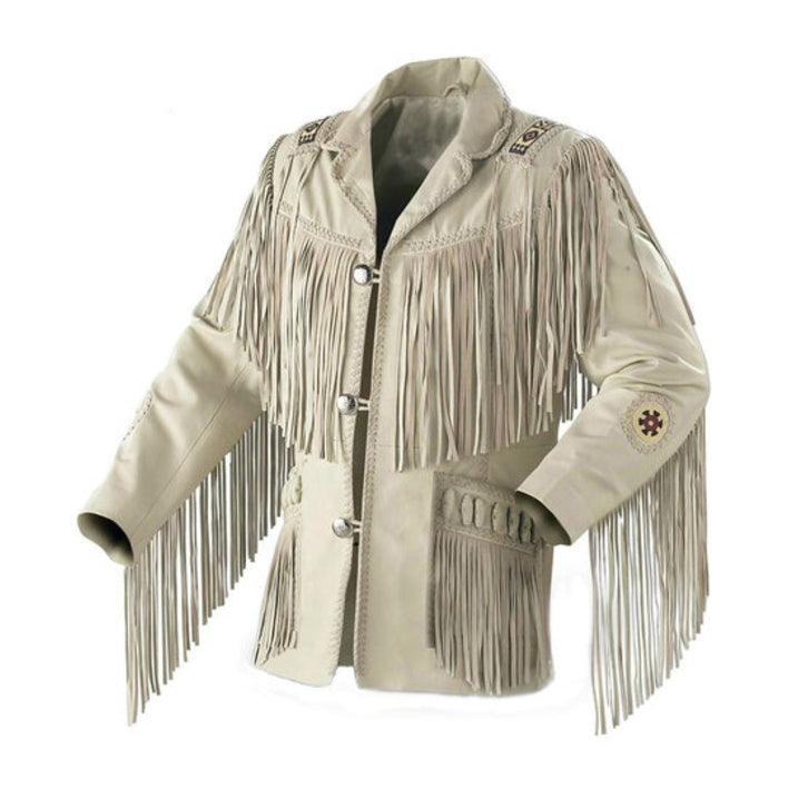 Western Men Cowboy White Cow Suede Leather Jacket