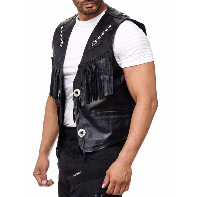 Leather Vest Men Motorcycle Black Biker Vest Adjustable Side Laces Cowhide Leather Vests
