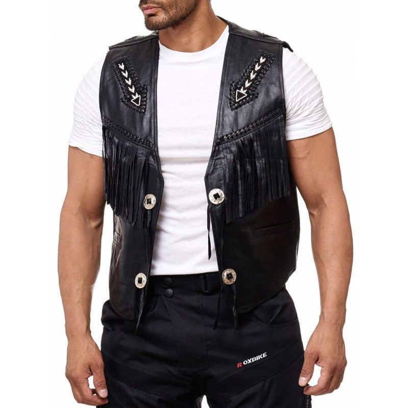 Leather Vest Men Motorcycle Black Biker Vest Adjustable Side Laces Cowhide Leather Vests