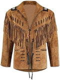 WESTERN SUEDE DARK BROWN LEATHER JACKET WITH FRINGS, BADGES AND BEATS