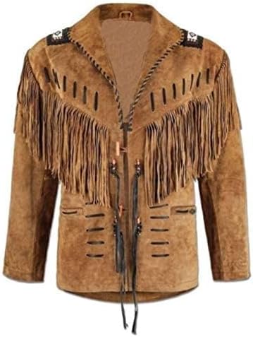 WESTERN SUEDE DARK BROWN LEATHER JACKET WITH FRINGS, BADGES AND BEATS