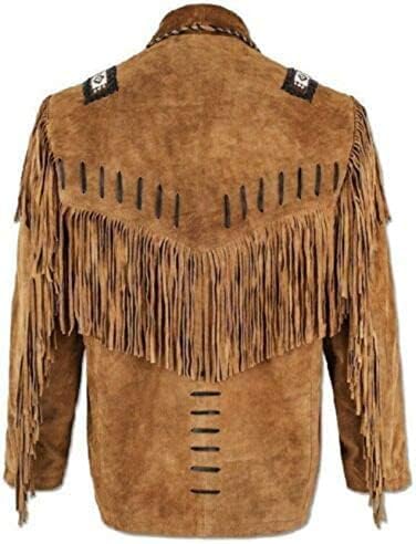 WESTERN SUEDE DARK BROWN LEATHER JACKET WITH FRINGS, BADGES AND BEATS