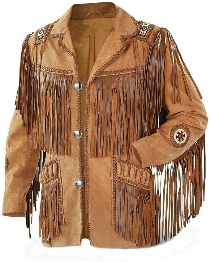 RAYS WESTREN COW BOY SUEDE DARK BROWN LEATHER JACKET WITH FRINGES AND BADGES