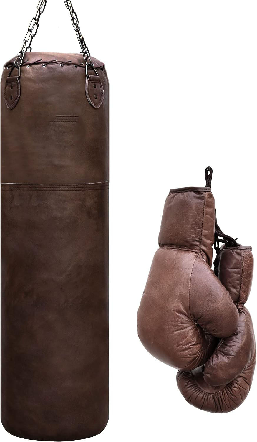 RAY'S Dark Brown Punching Bag with Boxing Gloves, 5 Feet Heavy Bag with 12 OZ Gloves, Leather Set with Chain