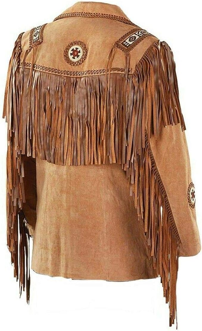 RAYS WESTREN COW BOY SUEDE DARK BROWN LEATHER JACKET WITH FRINGES AND BADGES