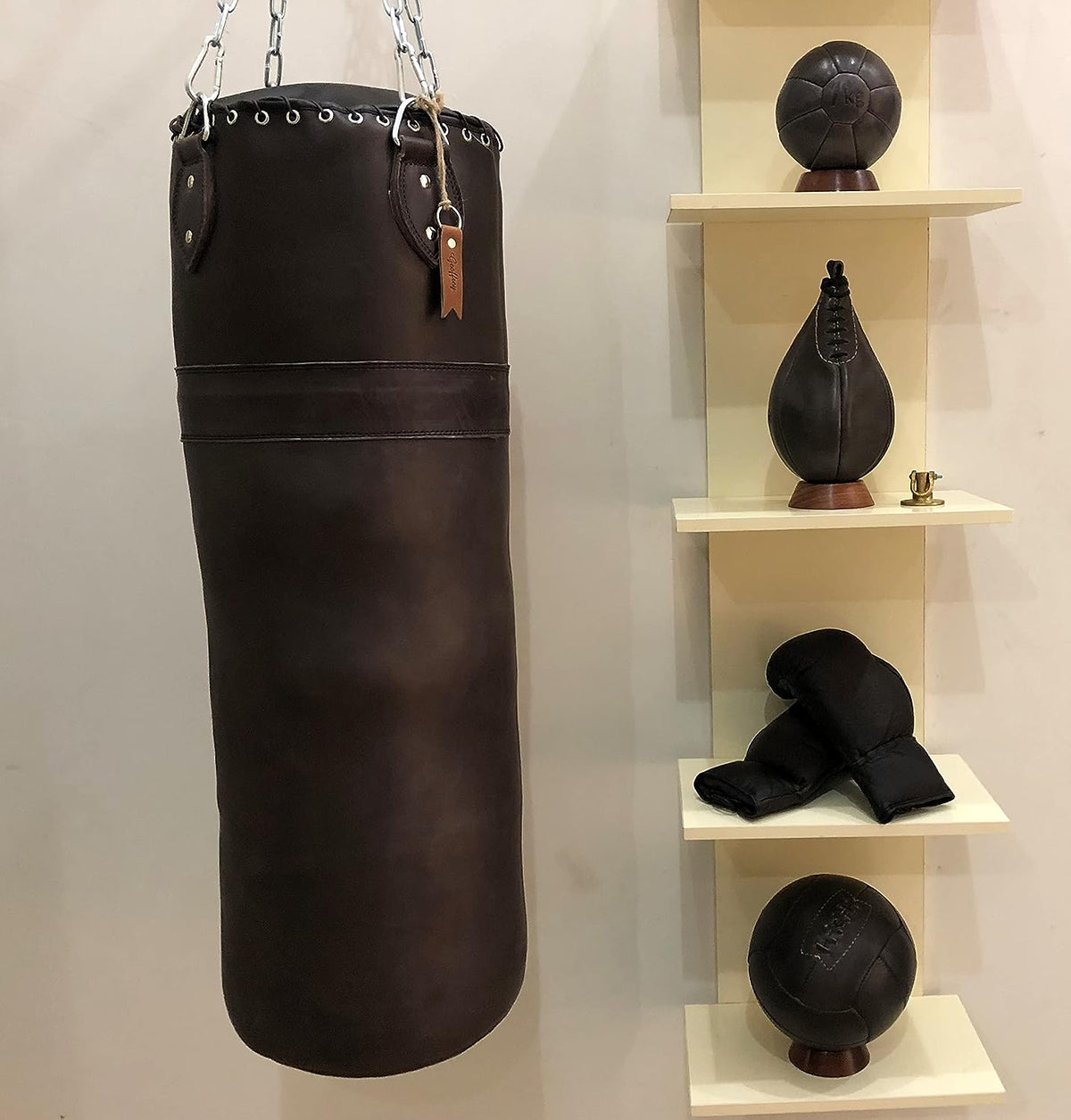 RAY'S Heavy Punching Bag, Brown Genuine Leather, 5 Feet, Unfilled, with Chain and Metal D-Rings