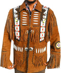 GOLDPAK WESTREN LONG SUEDE DARK BROWN LEATHER JACKET WITH FRINGES, BADGES AND BEATS