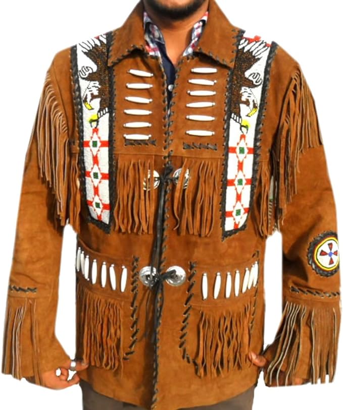 GOLDPAK WESTREN LONG SUEDE DARK BROWN LEATHER JACKET WITH FRINGES, BADGES AND BEATS