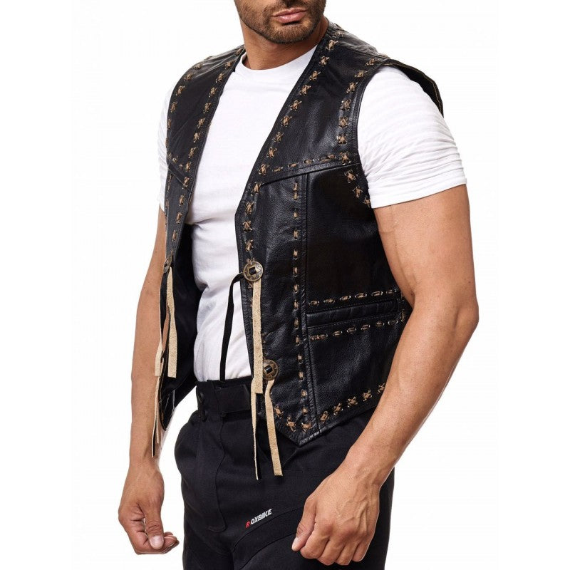 Leather Vest Men Motorcycle Black Biker Vest Adjustable Side Laces Cowhide Leather Vests