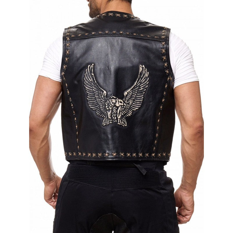 Leather Vest Men Motorcycle Black Biker Vest Adjustable Side Laces Cowhide Leather Vests