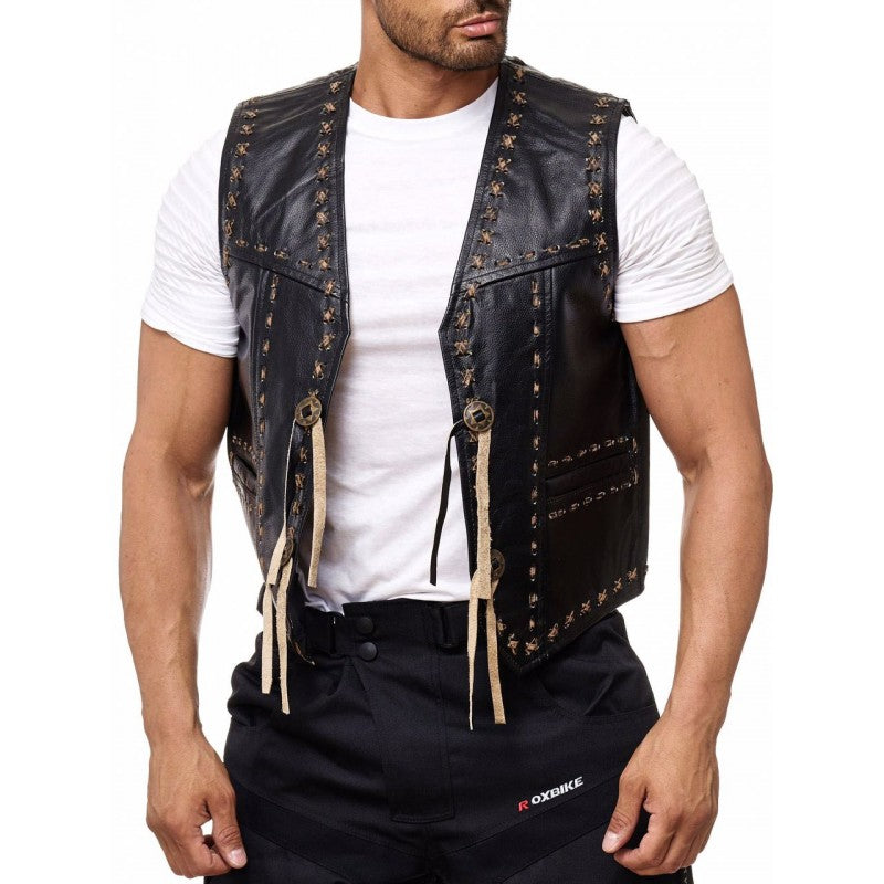 Leather Vest Men Motorcycle Black Biker Vest Adjustable Side Laces Cowhide Leather Vests