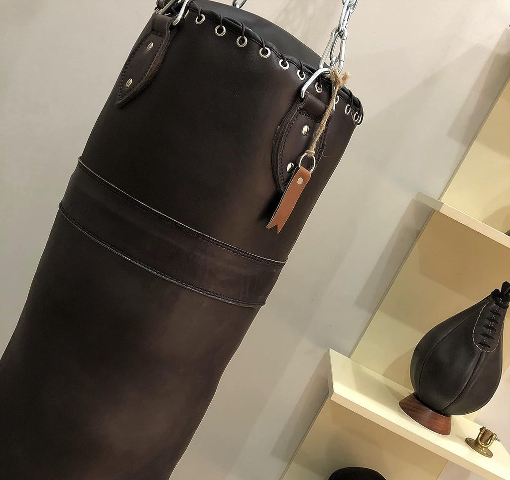 RAY'S Heavy Punching Bag, Brown Genuine Leather, 5 Feet, Unfilled, with Chain and Metal D-Rings