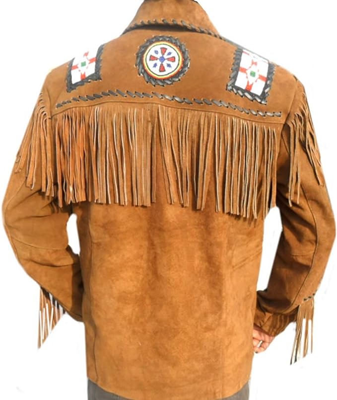 GOLDPAK WESTREN LONG SUEDE DARK BROWN LEATHER JACKET WITH FRINGES, BADGES AND BEATS