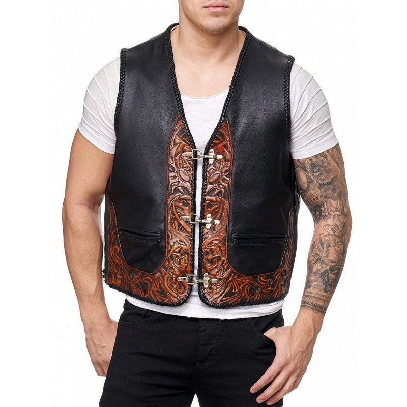 Leather Vest Men Motorcycle Black Biker Vest Adjustable Side Laces Cowhide Leather Vests
