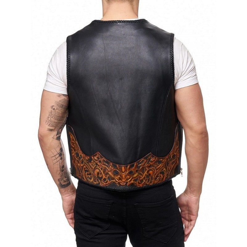 Leather Vest Men Motorcycle Black Biker Vest Adjustable Side Laces Cowhide Leather Vests