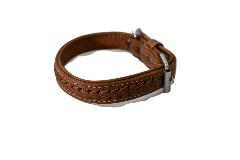 Braided Leather Dog Collar with Metal Hardware, Genuine Leather with Decorative Braided Detail&nbsp;