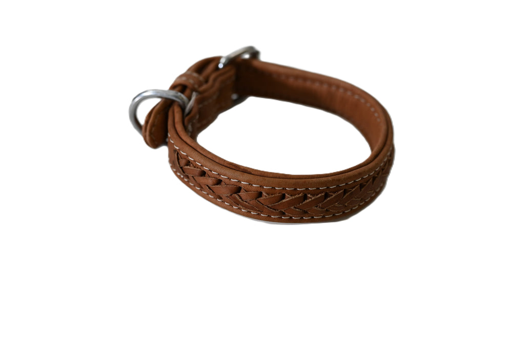 Braided Leather Dog Collar with Metal Hardware, Genuine Leather with Decorative Braided Detail&nbsp;