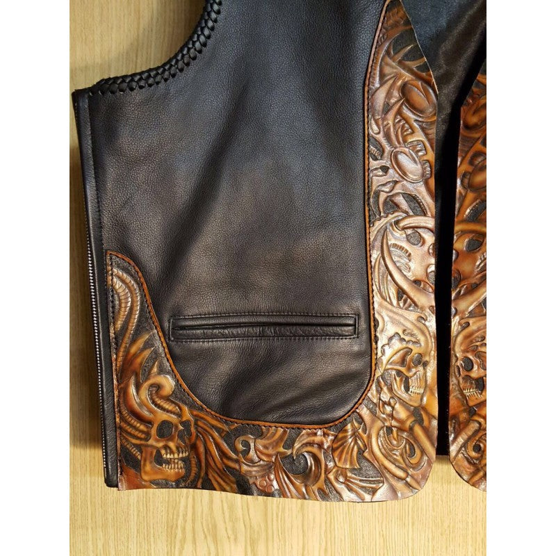 Leather Vest Men Motorcycle Black Biker Vest Adjustable Side Laces Cowhide Leather Vests